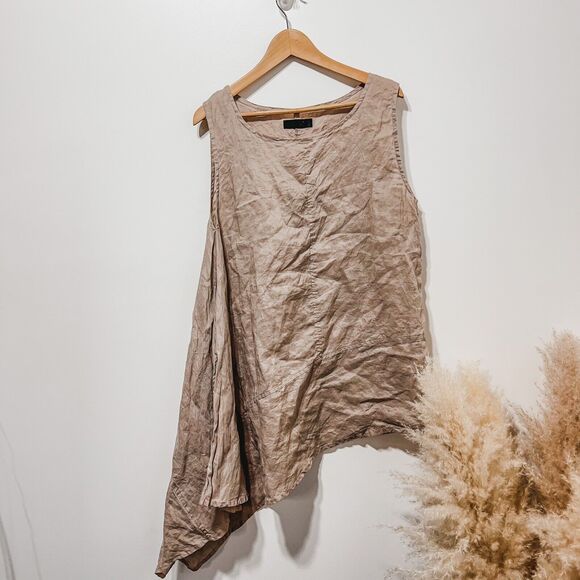 MOYURU Lagenlook Linen Sleeveless Asymmetric Tunic Top OS One Size Light Brown - Picture 1 of 7